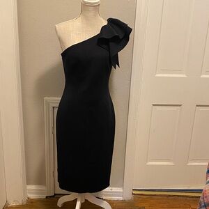 Eliza J Black One-Shoulder Sheath Dress with Ruffle Accent